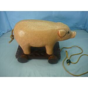 Vtg Solid Wood Pink Pig Pull Toy